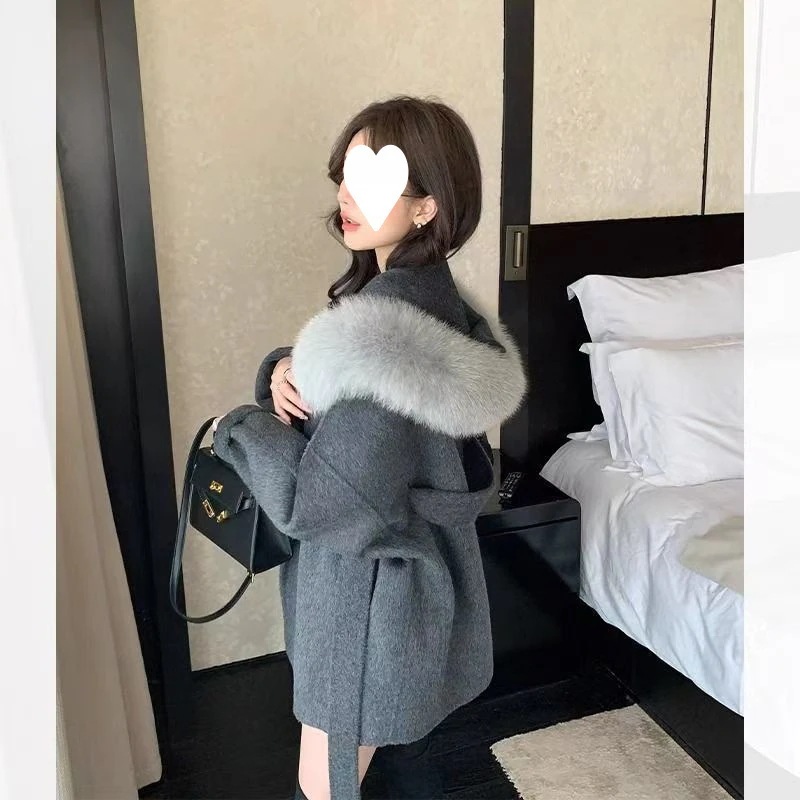 高級プチレディースケープウールコート新しい秋冬スタイル厚手のコートエレガントなフード付きウールのトレンド