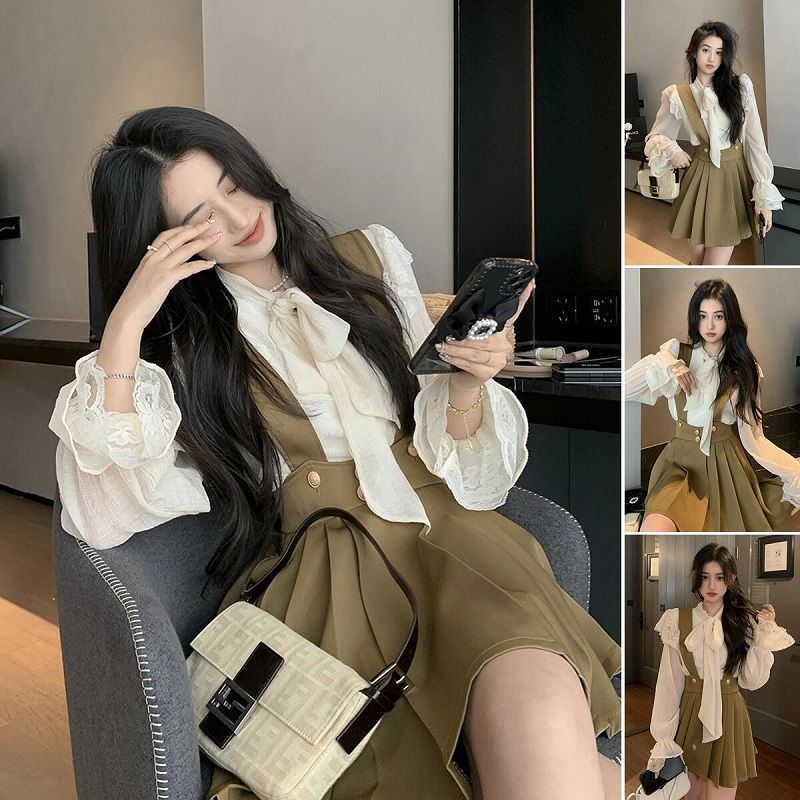 優しい風 ワンピース サロペットスカート  シャツ+サロペットスカート  二点セット プリーツ 5,120円