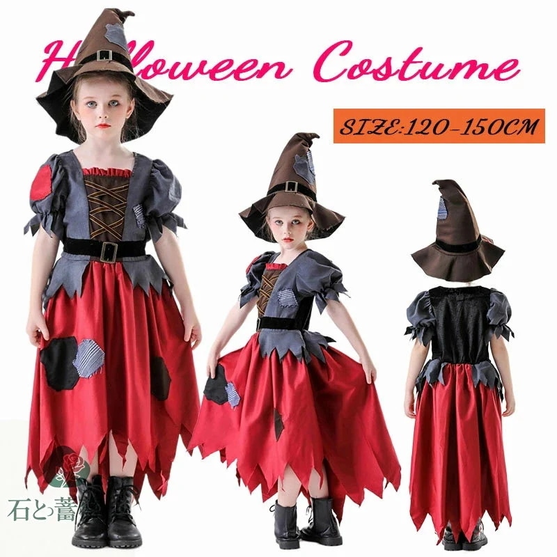 【実店舗が人気】キッズ ハロウィン クリスマス 魔女 子供 衣装 ゴシック 帽子つき 2点セット 巫女 悪魔 天使 こども バンパイア 吸血鬼 コスチューム ドレス コスプレ 女の子ドレス ワンピース