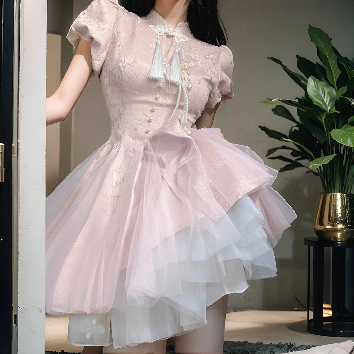 新風重工業改良チャイナドレスピンク気質ショートドレス女性夏ニッチタッセル国民風プリンセスドレス