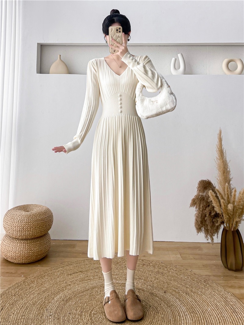 ニットボトムスワンピースレディース秋冬新作シニアセンス長袖ドレープ感インナーセーターワンピースロングスカート