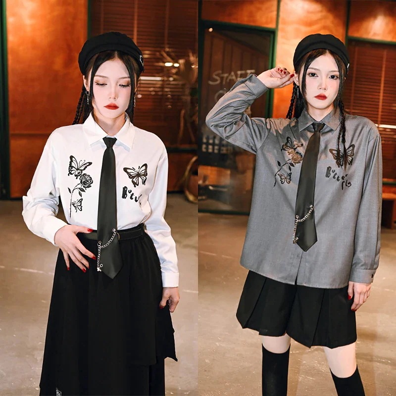 チャイナ風シャツ レディース 【バタフライエフェクト】 蝶柄 トップス ブラウス 長袖 オリジナル 白 グレー