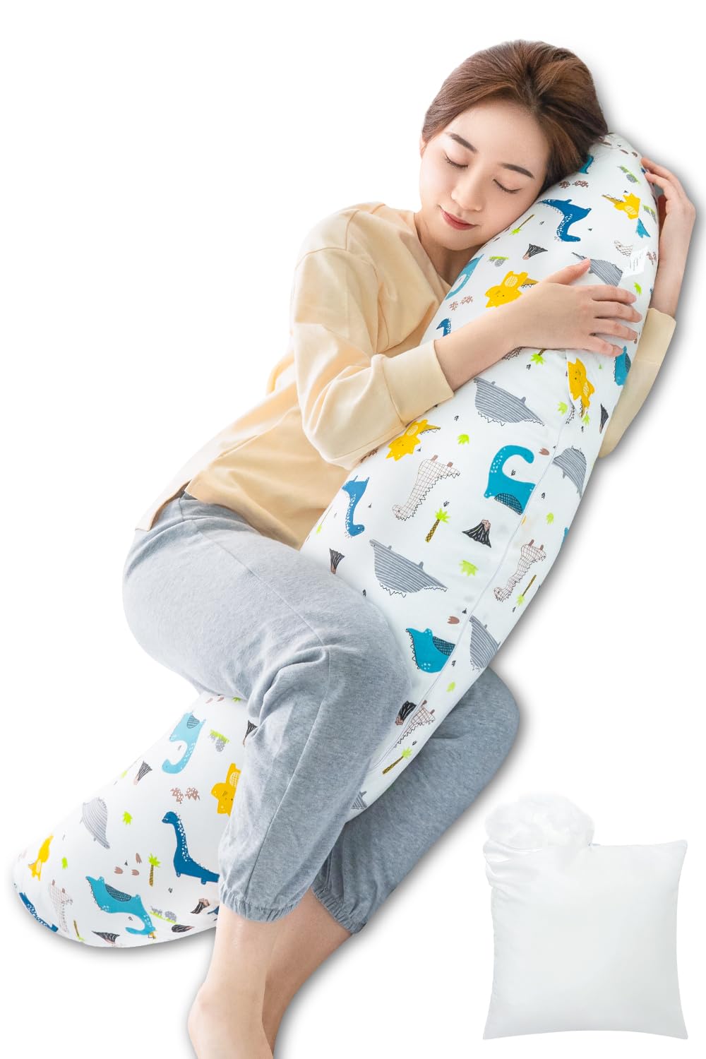 Genki life 抱き枕 だきまくら 妊婦 授乳クッション 妊娠 マタニティ 補充綿200ｇ付き 背中腰足のサポートに 横向きに寝やすい 綿素材カバー 洗える 妊娠祝い 三日月型 白 ドラゴン