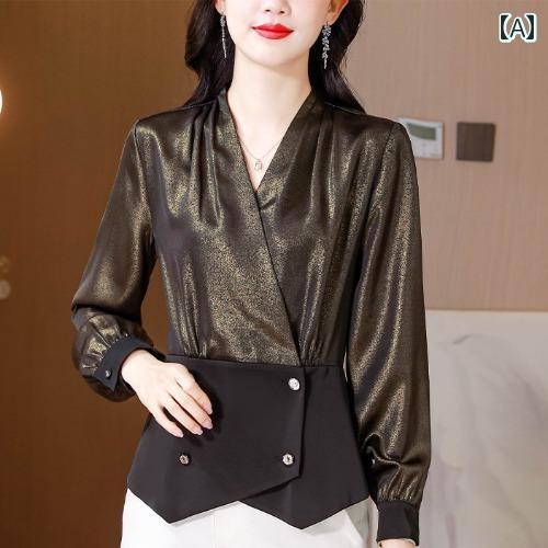 レディース トップス シャツ ブラウス おしゃれ 韓国 スリムフィット ダブルブレスト ソフトサテン 冬 長袖 Vネック 高級感 エレガント デザイン ファッション