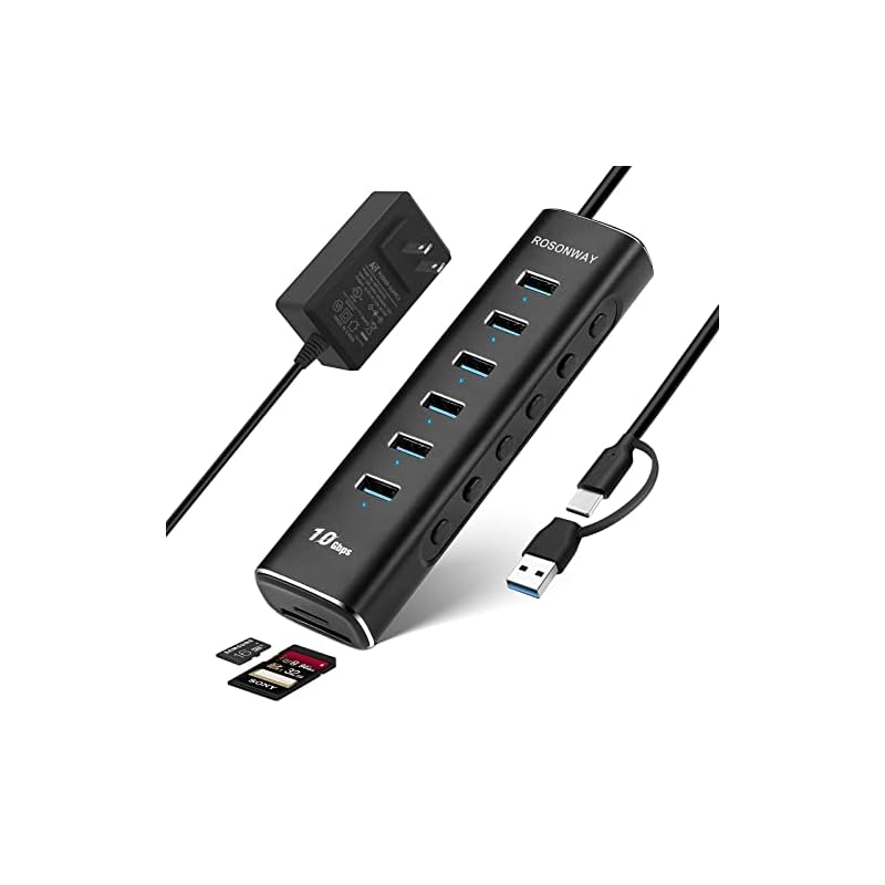 ROSONWAY USB ハブ3.2電源付き10Gbps 8 in 1 USB ハブ Type-C SD/TFスロット,Type Aポートx6 アルミ製 USB Hub 独立スイッチ付き(RSH-A1