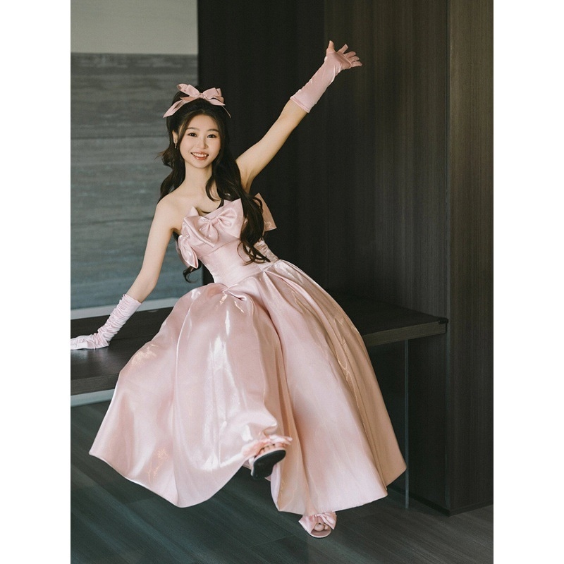 ドレスバースデーパーティーモーニングガウンブライドエンゲージメントウェディングドレスピンクストラップレスロングスカート