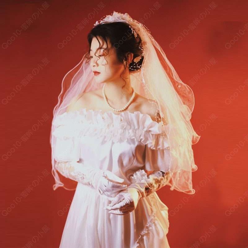 ウエディングドレス レトロドレス 花嫁 レース サテン 白 昭和風 前撮り フォトウェディング 結婚式 リゾート婚 ブライダル お誕生日 Aラインドレス 写真 式場-33