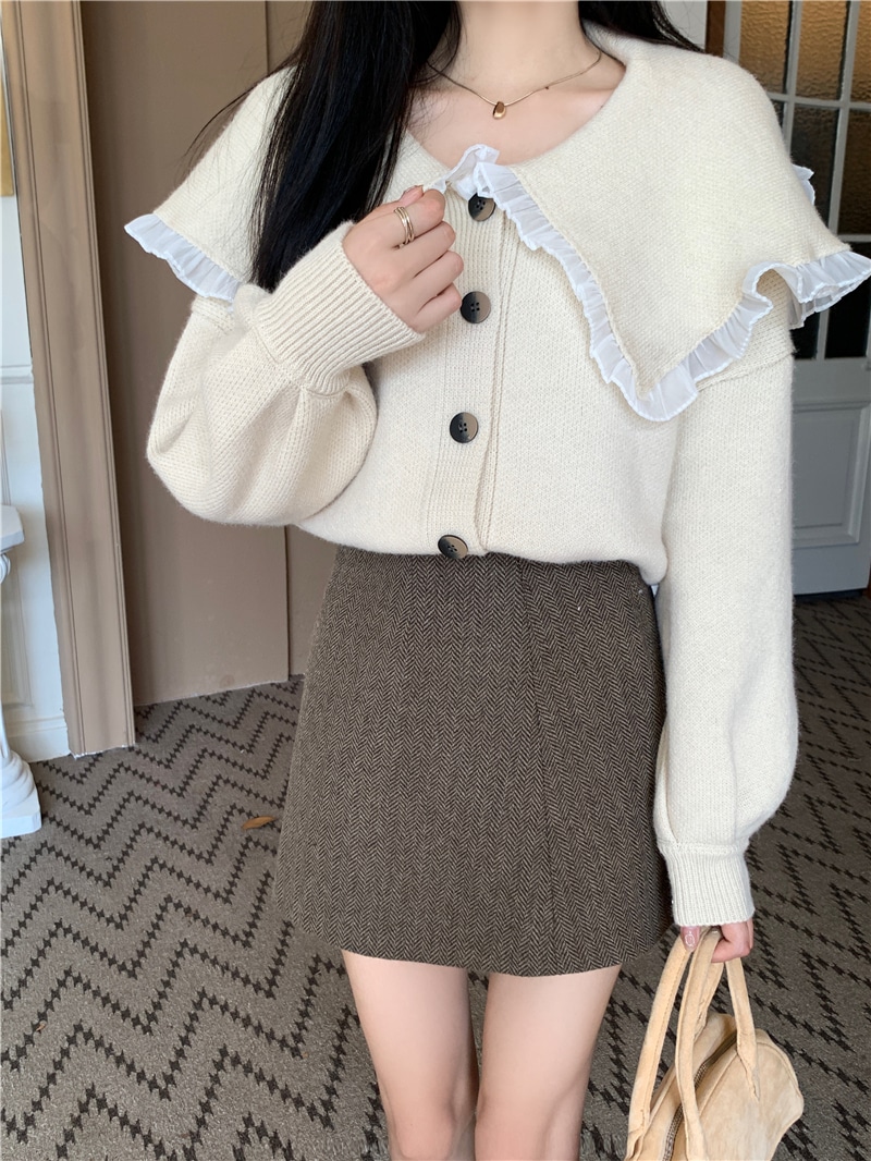 ビッグ襟 フリルカーディガン トップス セーター カーディガン 襟付き 大人可愛い 大人 上品 おしゃれ とろみ感 秋 冬 レディース お出かけ 女子会 休日 旅行 普段使い 韓国 ファッション