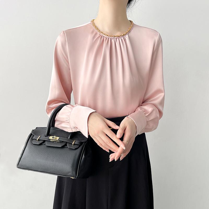 ブラウス 秋冬 レディース サテン 長袖 シャツ 通勤 ビジネス オフィス エレガント フォーマル セレモニー ファッション シンプル