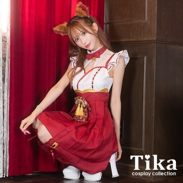 ハロウィンコスプレ 巫女 狐 袴 ミニ 着物 セット ワンピース しっぽ カチューシャ レッド ホワイト 仮装 衣装 和装 レディース コスチューム レトロ キャバ エロ アニマル 動物 セクシー 大