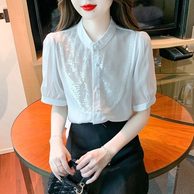 今っぽシアーシャツ 夏先取りブラウス 半袖シフォンシャツ女性2025夏韓国シャツシャツ小さなシャツラウンドネックスパンコールスプライシングカジュアルトップス 韓国ファッショントップスシャツブラウス