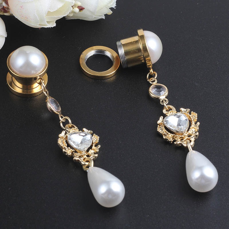 ボディピアス 2G 0G 00G 12mm 綺麗め ハートパールロングチャームゴールドトンネル ボディーピアス 2ゲージ 0ゲージ 00ゲージ 12ミリ ステンレス 長い hd624