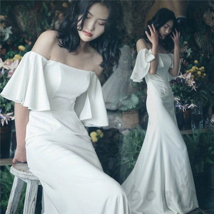 マーメイド ウェディングドレス パーティードレス 花嫁ドレス オフショルダー ロングドレス 司会 発表会 二次会ドレス 白ドレス ホワイト 韓国 レディースドレス 二次会 前撮り 後撮り 披露宴 発表