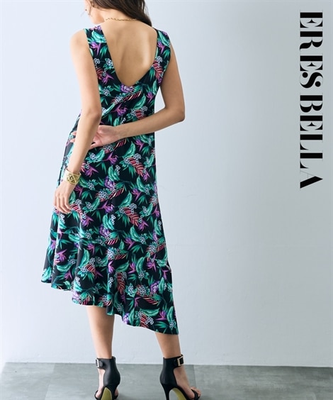 ロングマキシ丈/半袖 キーネックプリントロングワンピース ERES BELLA