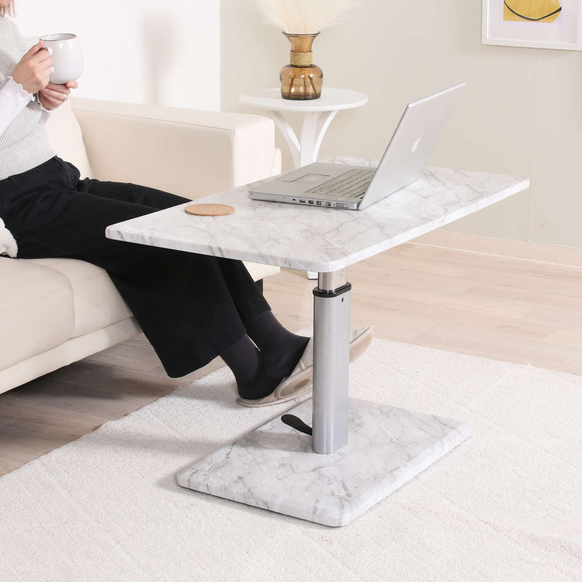 リビングテーブル 昇降式 幅90cm 大理石柄 高さ調節 フットペダル ローテーブル センターテーブル テーブル カフェ風 長方形 キャスター テレワーク パソコン 作業 机 高級感 上品