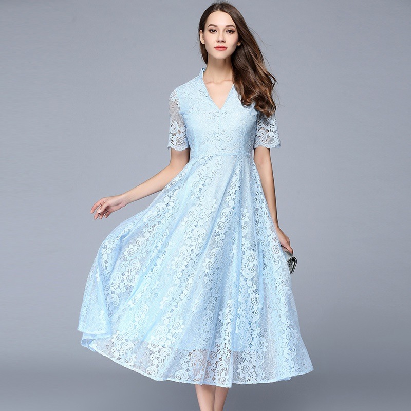 624.総レースVネックミモレ丈ワンピース（ブルー）