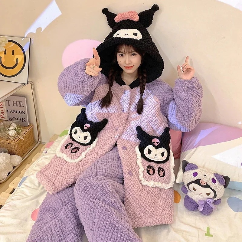 パジャマ着レディースパジャマコーラルベルベット三層キルトシーズン暖かくてかわいい女の子フランネルフード付きホームウェアセットアニメコミック
