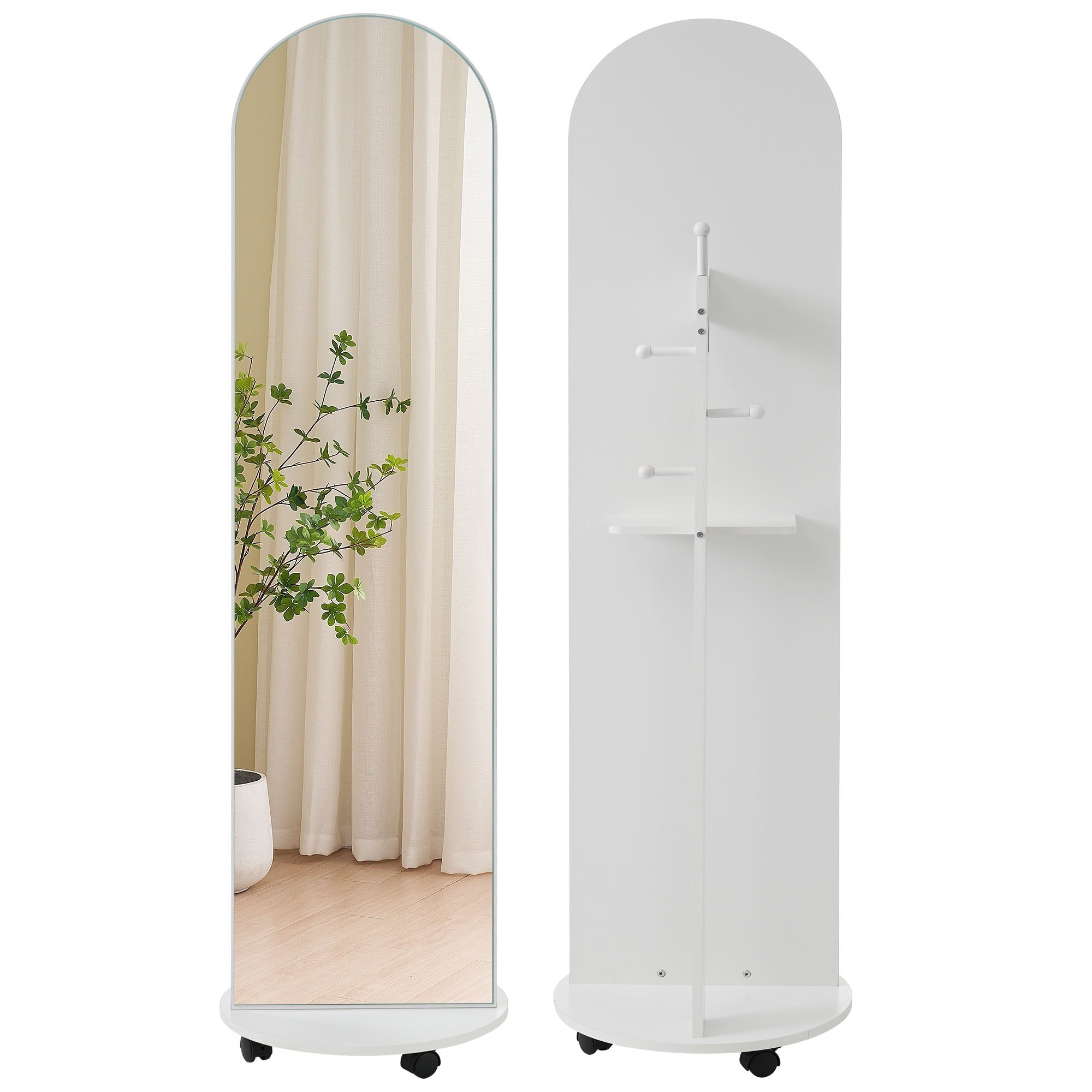 【国内即発送】439 全身鏡 姿見鏡 ハンガーフック アーチ形 ハンガーフック付き鏡 ハンガー 360回転可能なキャスター付き 北欧 収納付き 衣類収納 隙間収納 リビング 玄関 飛散防止加工 ホワ