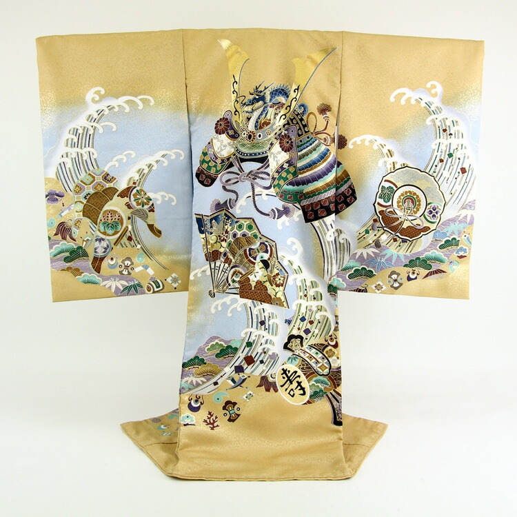 レンタル お宮参り 男の子 着物 レンタル 金茶色地に兜と扇鞍小槌松に波お宮参り レンタル 衣装 男児 祝着　初着 産着 レンタル衣装 ブラウン ゴールド