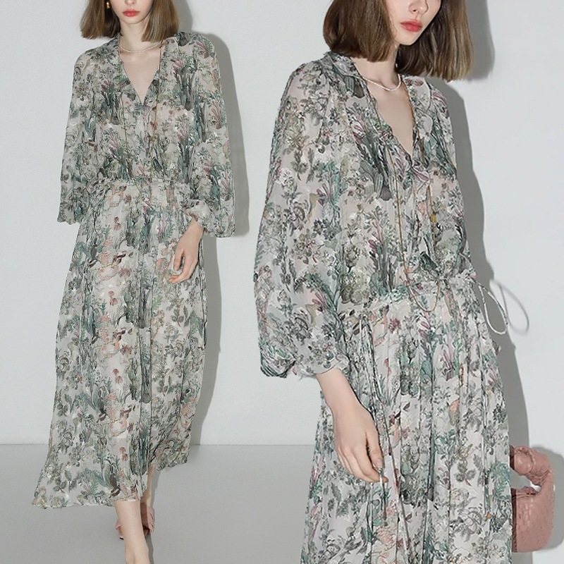 大人可愛い花柄シフォンワンピース - ロング丈七分袖バブル袖Vネックフレア　24624