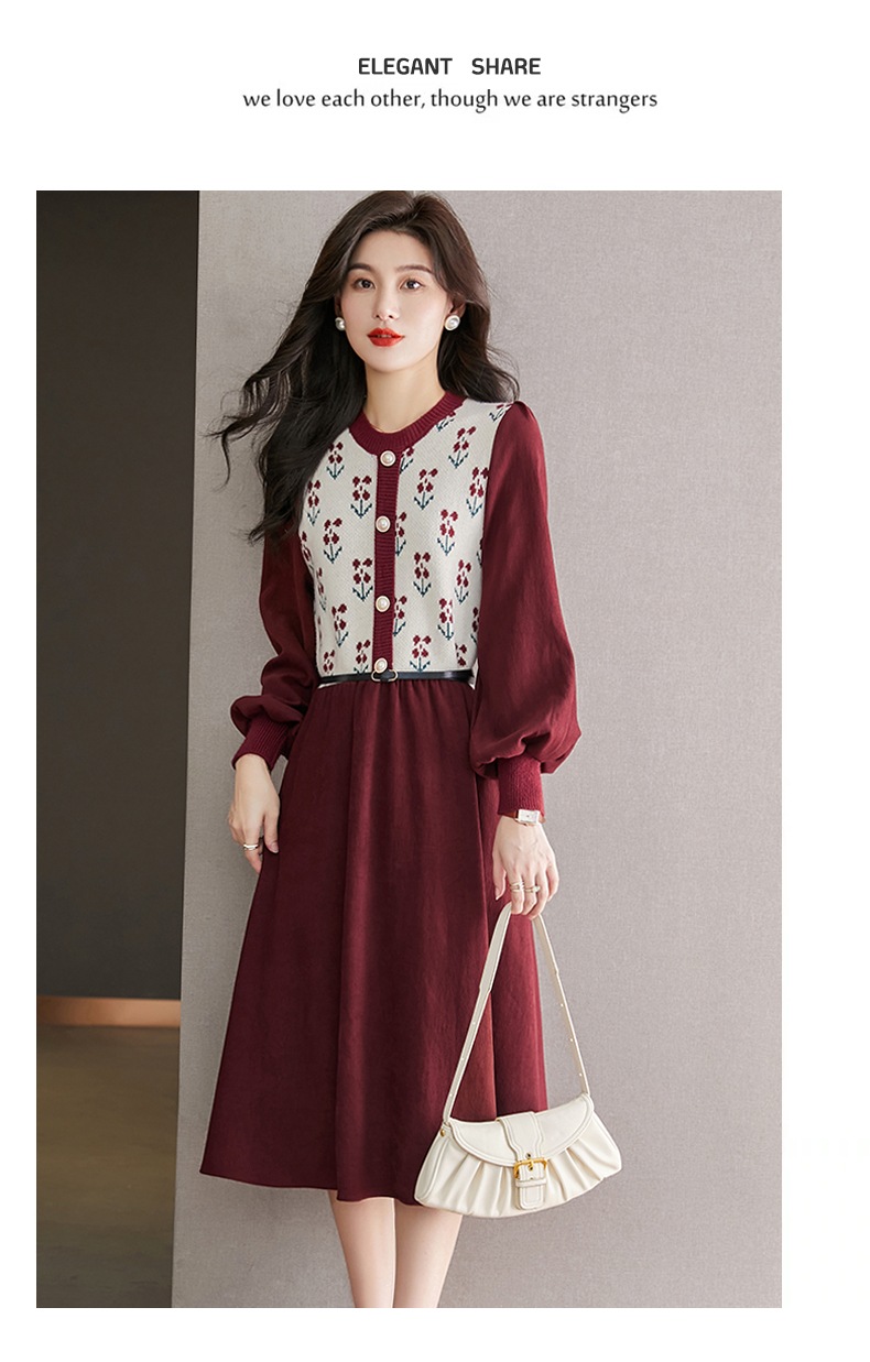 フレンチ ウエスト スカート 秋 冬 ファッション Aライン ラウンドネック ミドル丈 ニット ドレス レディース クラレット ブラウン M L XL XXL ワンピース 膝上 袖あり かわいい