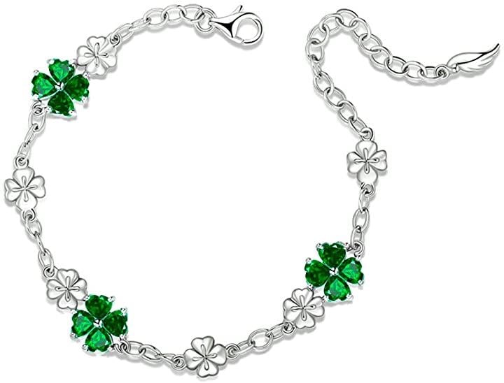 シルバー925 女性に人気 ブレスレットハート 四つ葉のクローバー ユニーク デザイン 5月 誕生石