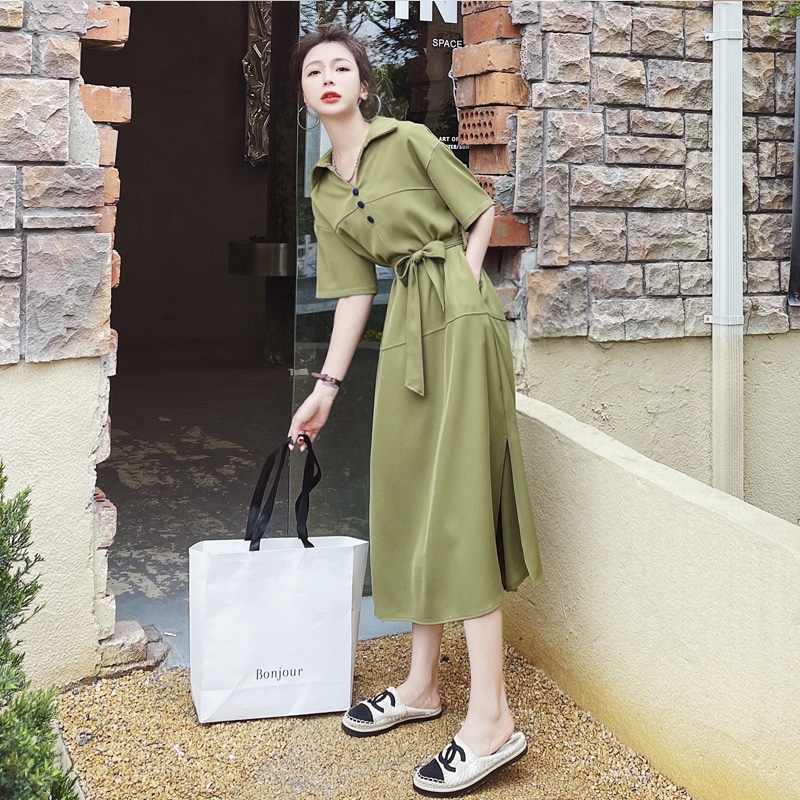 【送料無料】レディース ワンピース ウエストリボン Vネック 襟付き 半袖 サイドスリット