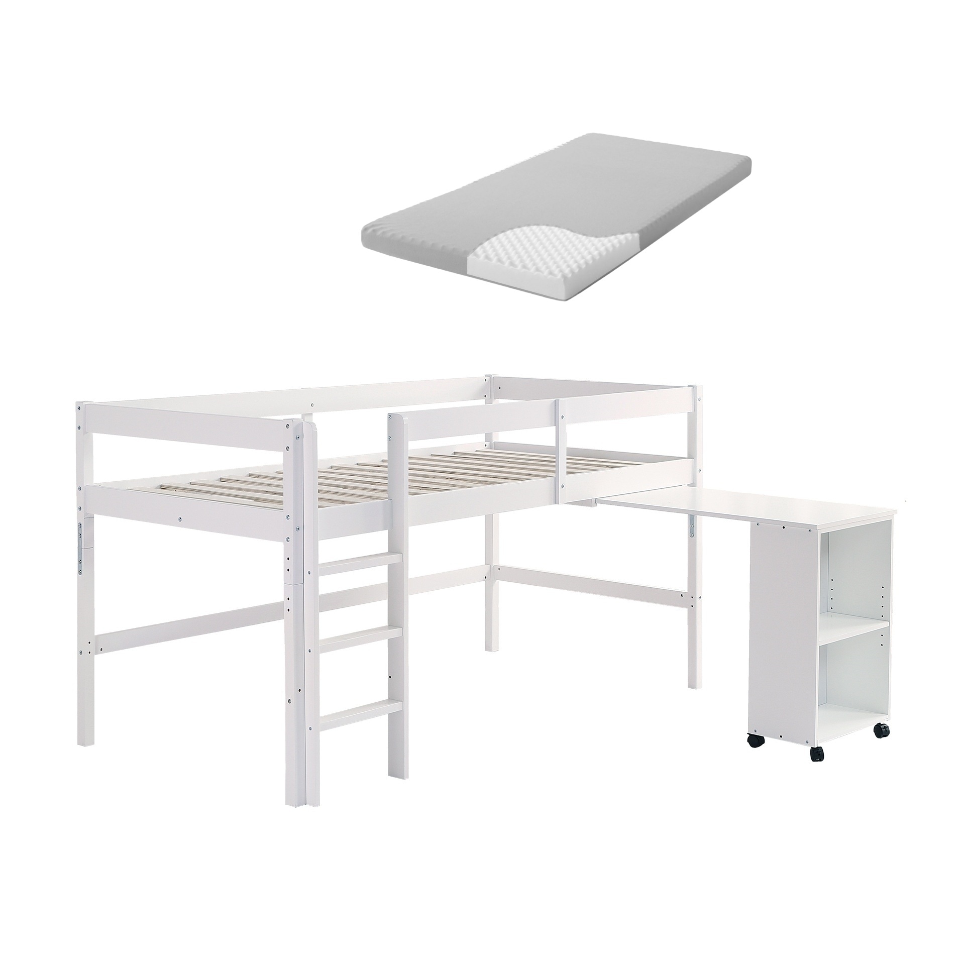 【国内発送&送·料·無·料】【10cm厚さマットレス付き】システムベッド 木製 ロフトベッド ロータイプ ベッド シングル 本棚 デスク ベッド 机付き コンパクト 学習机 木製ベッド 本棚付き 天然