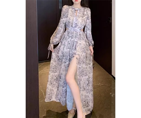 レディース ワンピース ドレス ロング マキシ 長袖 ボリューム袖 ランタンスリーブ ラウンドネック フレア Aライン フェミニン シフォン スリット ファスナー ハイウエスト 異国風 肌見せ