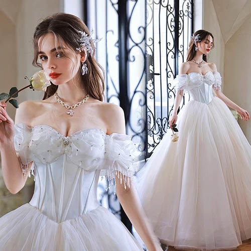 ウェディングドレス ロングドレス 花嫁ドレス オフショルダー プレンセンスドレス 結婚式 二次会 演奏会 披露宴 発表会 コンサート 大きいサイズ 小さいサイズ フォーマル 前撮り リゾート パーティ