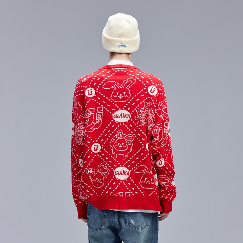 うさぎ年 新年 赤 ラウンドネック セーター メンズ 秋冬 カップル ヒップホップ レイジースタイル ドロップショルダー セーター ゆったり