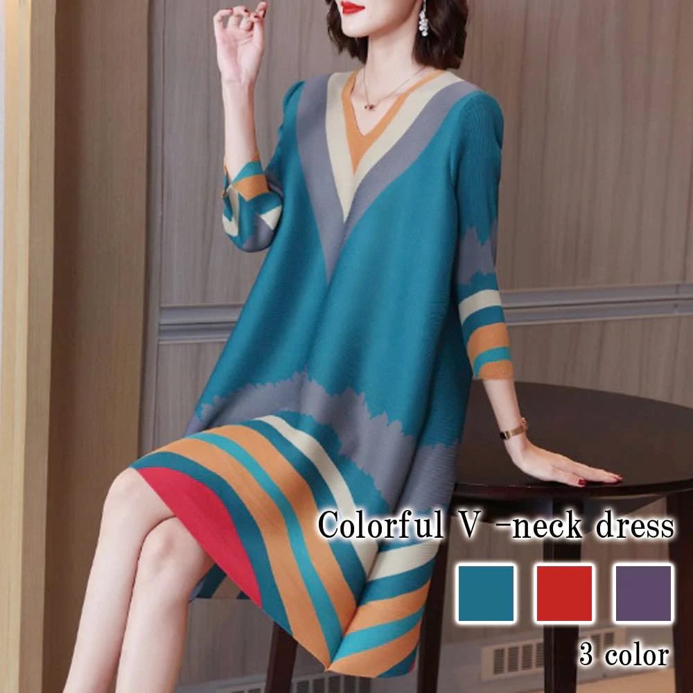 ワンピース レディース カラフルVネックワンピース 50代 白 大人 ネック 韓国 黒 ニット 秋 40代 春 かわいい ブランド 人気 大きいサイズ Aライン 厚手 しっかり おしゃれ カジュアル