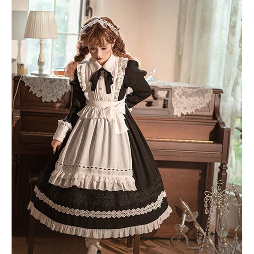 ロリータ メイド 3点セット 秋冬 長袖 コスプレ ワンピース エプロン ゴシック 可愛い エレガント 6,901円