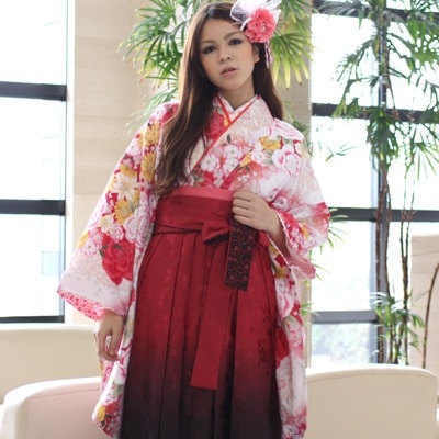 レンタル卒業式 袴 レンタル 女 袴セット 安い 卒業式袴セット2尺袖着物＆袴フルセットレンタル白地ピンクぼかしにバラ＆金彩