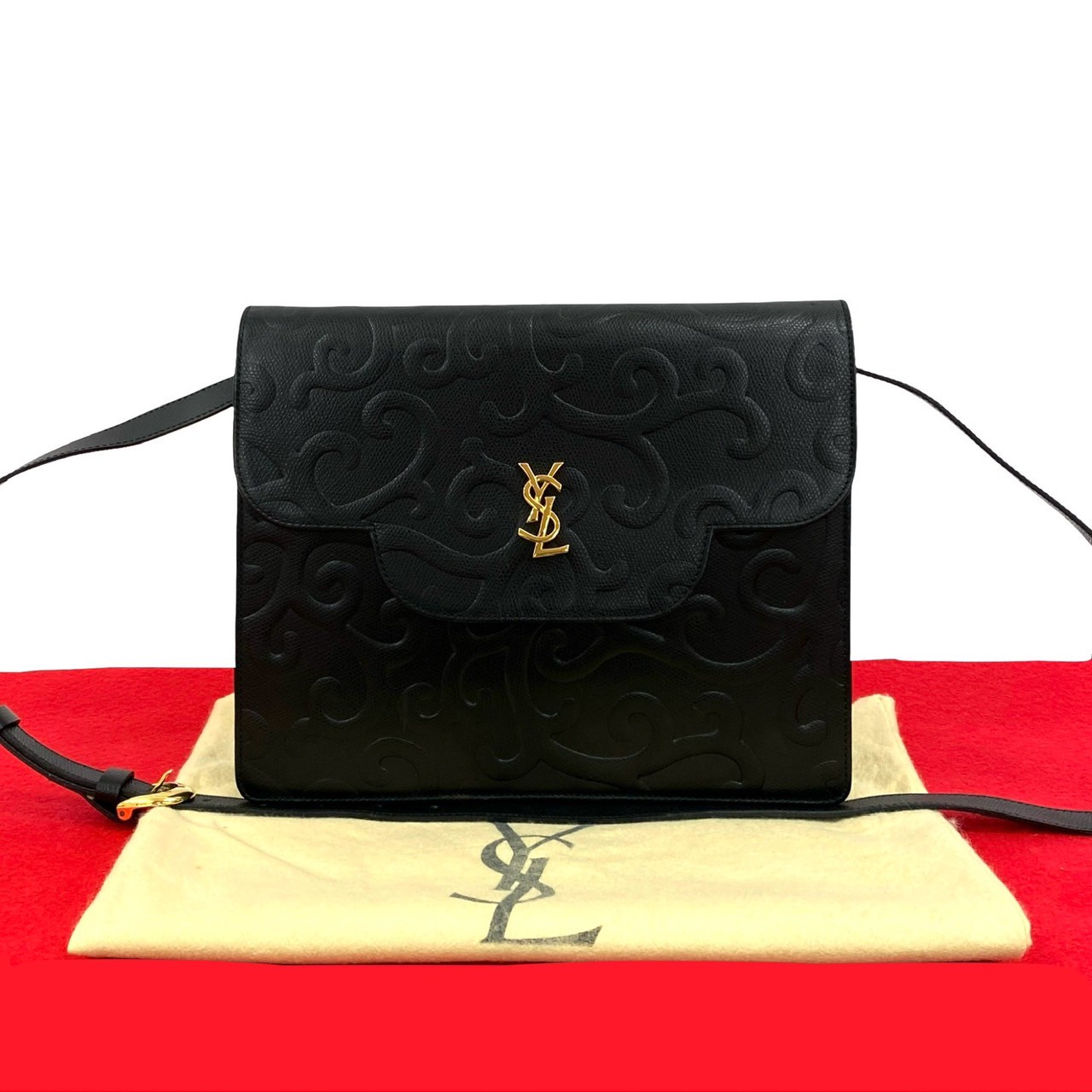 ヴィンテージ YSL ロゴ 金具 唐草ショルダーバッグ レザー ブラック 31777