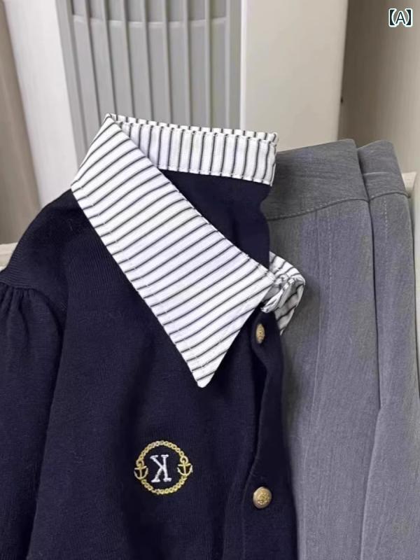 ニット レディース カーディガン おしゃれ カジュアル 大きめサイズ 春秋 セットアップ シャツ 襟 カレッジ セーター トップス ネイビー