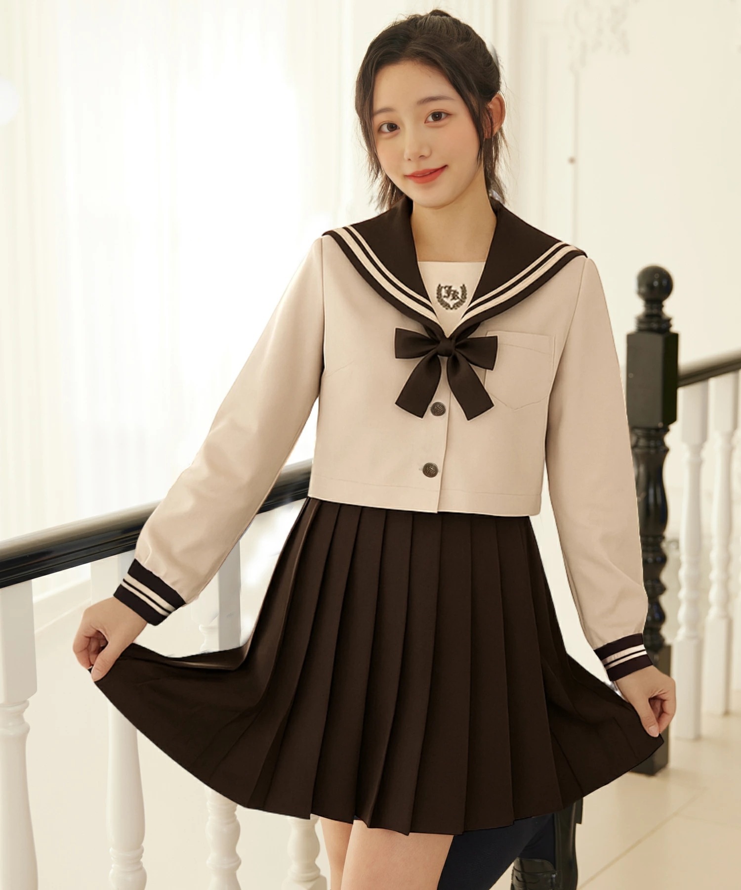 新品限時!優!惠! ハロウィン コスプレ 制服 セーラー服 長袖 大人 ブラウス クロップド丈 スカート リボン セット 3点セット S M L 2L ブラウン 茶色 女子高生 高校生 中学生 学生