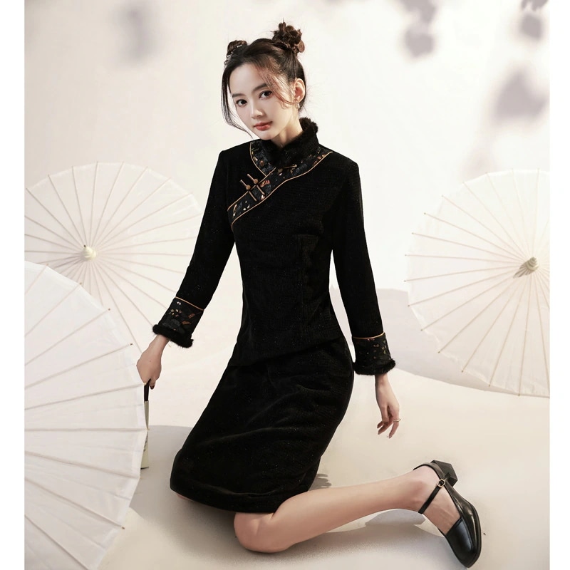 ワンピースドレスドレス女性服冬の女性のためのスタイルのチョンサム毎日の摩耗のための小さな若いスタイルの長袖