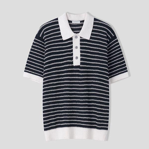 メンズ ストライプ ブークレ カラーネック 半袖 ニットTシャツ AS KNH Q001 ネイビー_P422498572