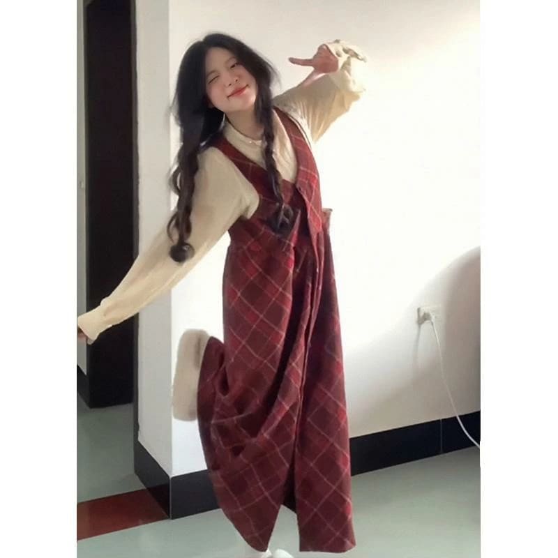 ジャンパースカート 大人 レディース 春秋 ロング丈 ノースリーブ ワンピース Vネック ハイウエスト Aライン 長袖 トップス 2点セット カジュアル おしゃれ チェック柄 赤