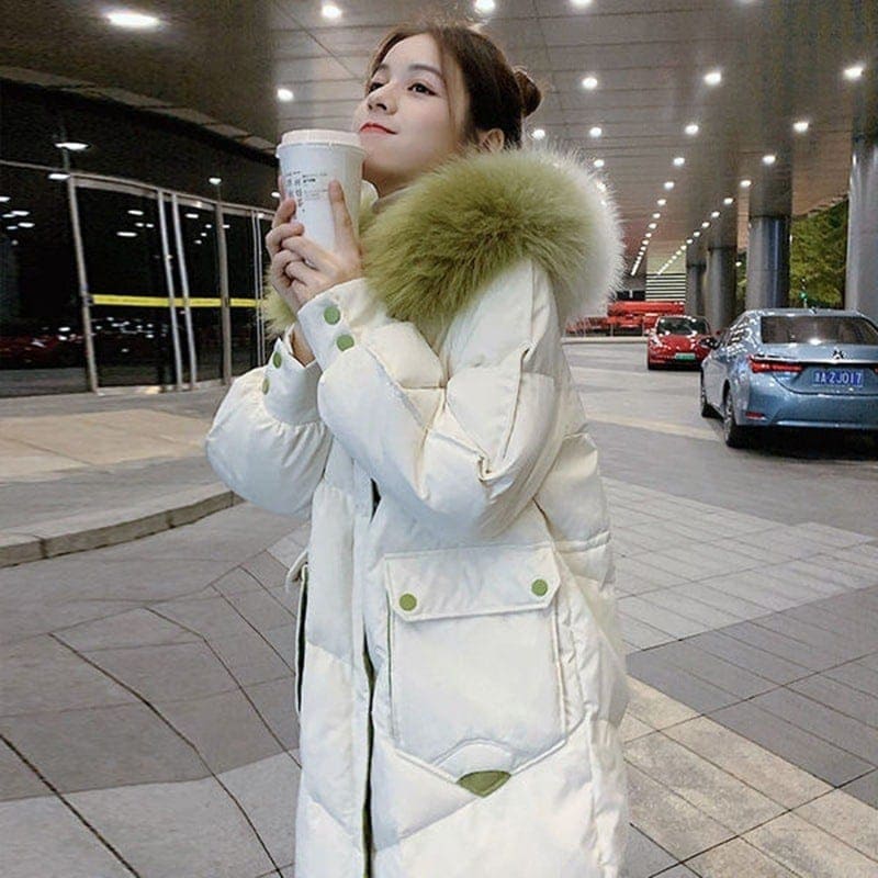 綿入れ女性用冬服2024年新型韓国版港風ミドル丈膝越し綿入れコート ファーカラー コントラストカラー コットンジャケット コート 5,859円