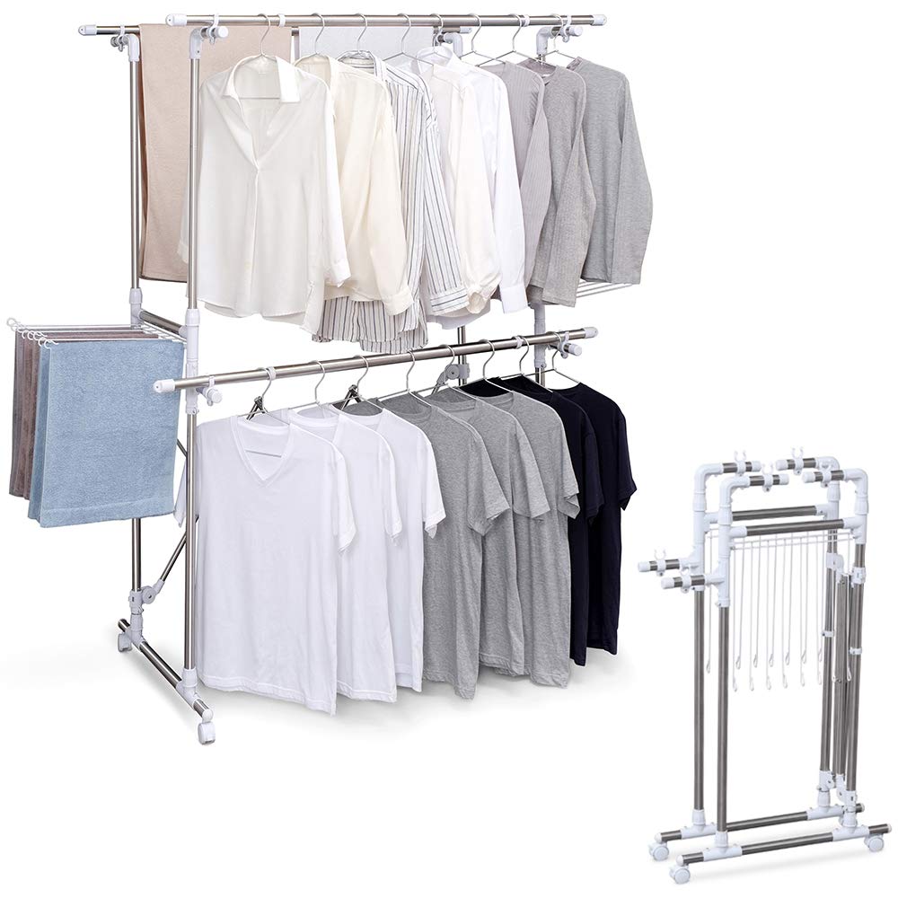 アイリスオーヤマ 洗濯物干し 室内物干し コンパクト収納 部屋干し時間短縮 タオルハンガー付き キャスター付き 約4~5人用 多機能物干し 幅約153.5~192.5×奥行約64.0~73.0×高さ約