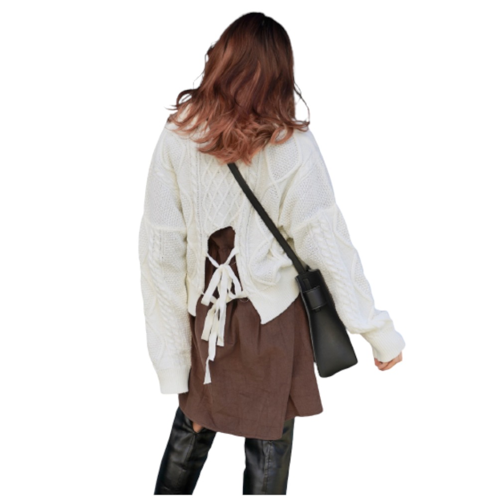 Ribbon Lace Up Cable Knit Sweater (off white) A,D,G レディース トップス
