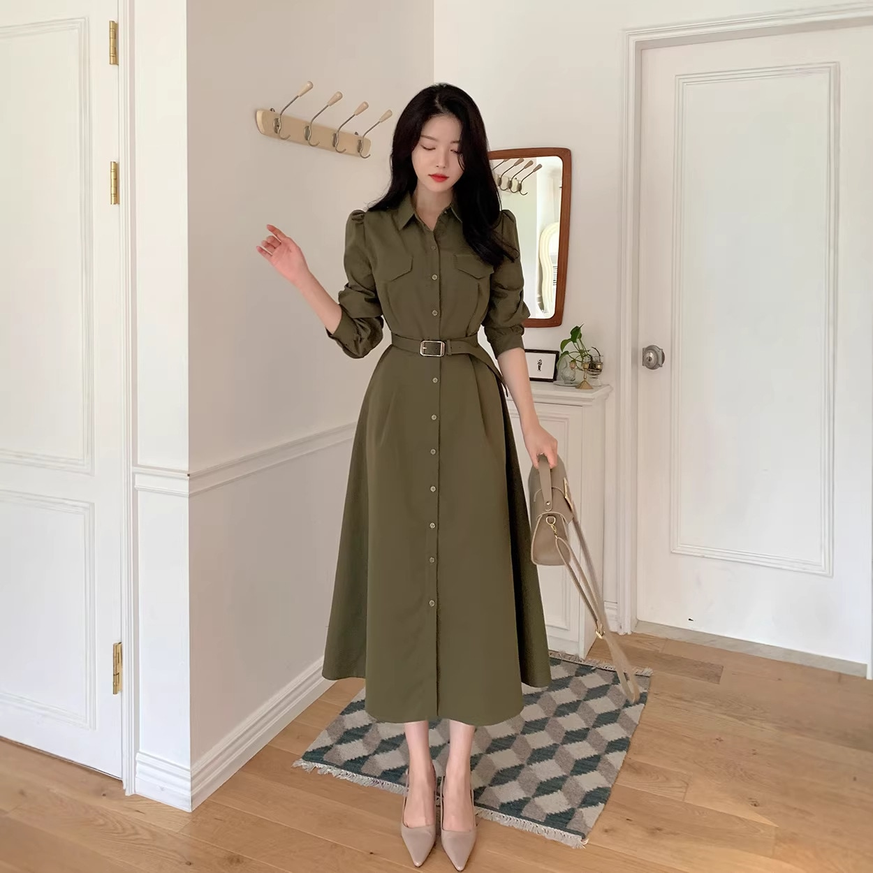 chic フレンチ 上品 ターンカラー ボタン列 リボン ウエストマーク ミモレ丈 シャツ ワンピース レディース