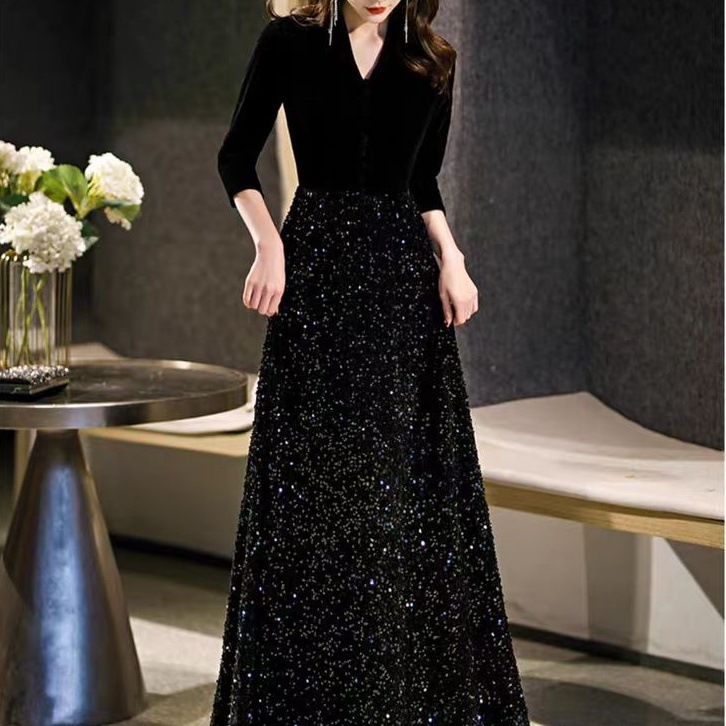 ドレス 衣装 イブニングドレス ロングワンピース 7分袖 Vネック ハーフボタン 切り替えデザイン スパンコール ロング丈 セミフレア ステージドレス 発表会 かわいい 大人可愛い きれいめ シンプル