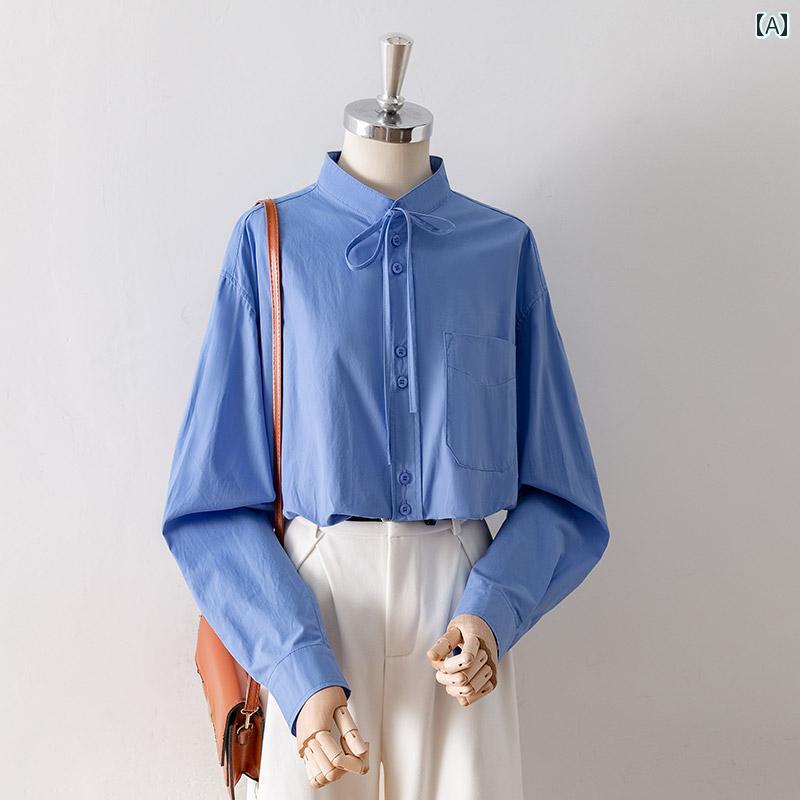 レディース シャツ ブラウス 長袖 春秋 青 白 韓国スタイル 立ち襟 リボン結びループ／取外し可 シングルブレスト ポケット ヴィンテージ クラシック シック スタイリッシュ モダン 快適 5,528円