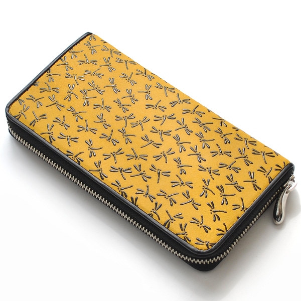 【新規OPEN】【期間限定セール】【激安】【新品未使用】鹿革漆付け　大流行のとんぼ柄　印伝　日本製　男女兼用　ラウンドロングウォレット　IDT-103　YW