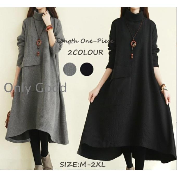 ワンピース チュニック 冬 ロング レディース 40代 膝丈 長袖 厚手 ハイネック ロングワンピース 体型カバー 無地 大きいサイズ 50代 冬物