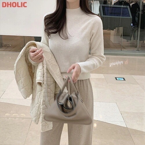 モックネックリブニット