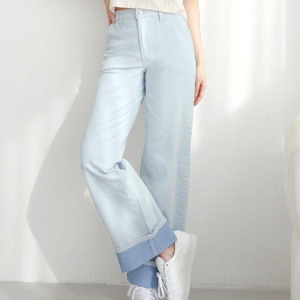Hスタイル(PT)211番面ツートーンターンアップストレートパンツ 春 女性 スラックス ストレートパンツ ワイドパンツ バギーパンツ バンディングパンツ